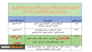 قابل توجه دانشجویان محترم:
جدول زمانبندی منطقه ای برای انتخاب واحد دانشجویان درنیمسال دوم  تحصیلی 93-92