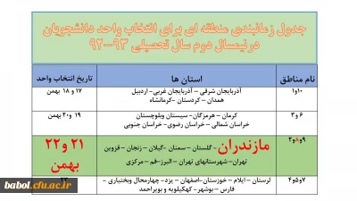 قابل توجه دانشجویان محترم:
جدول زمانبندی منطقه ای برای انتخاب واحد دانشجویان درنیمسال دوم  تحصیلی 93-92