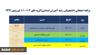 برنامه امتحانی دانشجویان رشته آموزش ابتدایی ترم 933(گروه های 102-101 )ورودی 1391