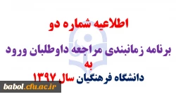 اطلاعیه شماره (۲):
برنامه زمانبندی مراجعه داوطلبان ورود به دانشگاه فرهنگیان سال ۱۳۹۷
اطلاعیه شماره (۲):
برنامه زمانبندی مراجعه داوطلبان ورود به دانشگاه فرهنگیان سال ۱۳۹۷
معاونت پژوهش و برنامه ریزی آموزش و پرورش مازندران اطلاعیه برنامه زمانبندی مراجعه 